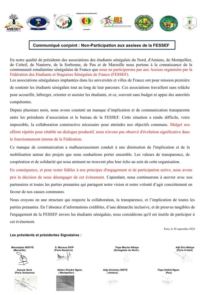 Communiqué conjoint : Non-Participation aux assises de la FESSEF